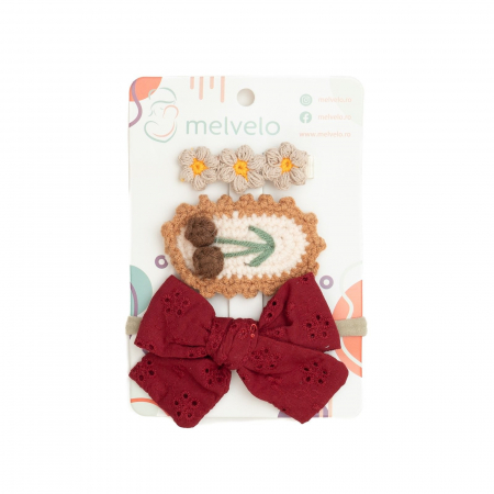 Accesorii par - Set 2 agrafe de par handmade si 1 bentita cu funda, bebe, bumbac, Melvelo - Ruby