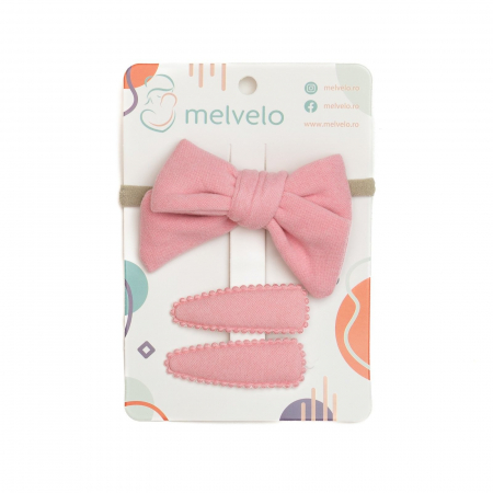 Accesorii par - Set 2 agrafe de par si 1 bentita cu funda, bebe, casmir, Melvelo - Baby Pink