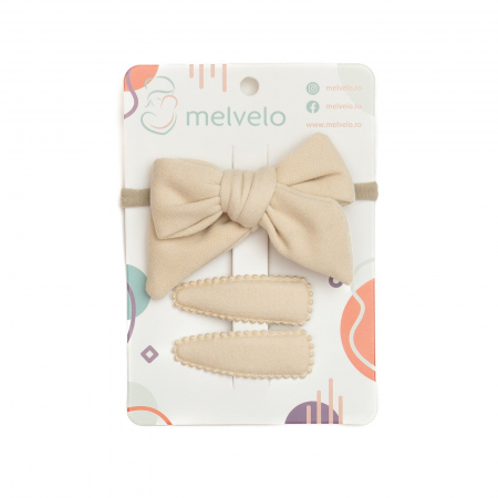 Accesorii par - Set 2 agrafe de par si 1 bentita cu funda, bebe, casmir, Melvelo - Beige