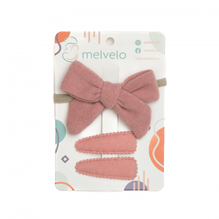Accesorii par - Set 2 agrafe de par si 1 bentita cu funda, bebe, casmir, Melvelo - Blush