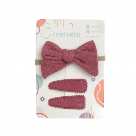 Accesorii par - Set 2 agrafe de par si 1 bentita cu funda, bebe, casmir, Melvelo - Dusty Rose