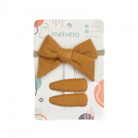 Accesorii par - Set 2 agrafe de par si 1 bentita cu funda, bebe, casmir, Melvelo - Honey Bee