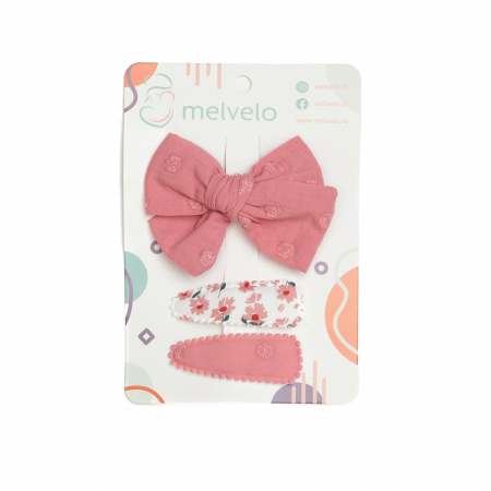 Accesorii par - Set 2 agrafe si 1 clama de par cu funda, fetite, cotton, Melvelo - Blush