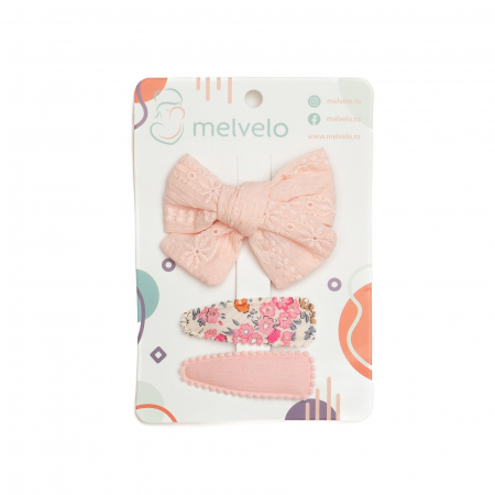 Accesorii par - Set 2 agrafe si 1 clama de par cu funda, fetite, cotton, Melvelo - Flower Pink Cream