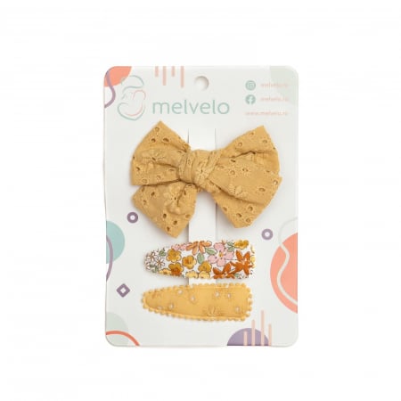 Accesorii par - Set 2 agrafe si 1 clama de par cu funda, fetite, cotton, Melvelo - Honey Bee