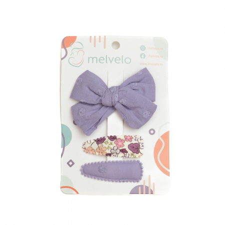 Accesorii par - Set 2 agrafe si 1 clama de par cu funda, fetite, cotton, Melvelo - Lavender