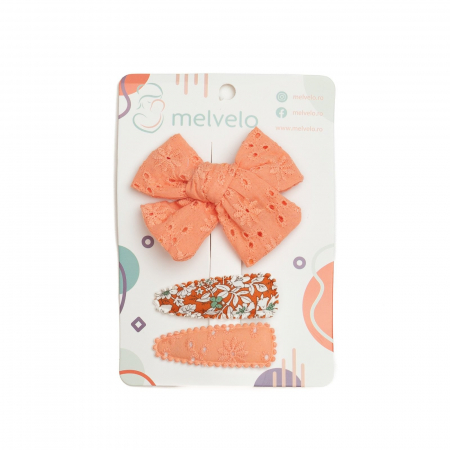 Accesorii par - Set 2 agrafe si 1 clama de par cu funda, fetite, cotton, Melvelo - Orange