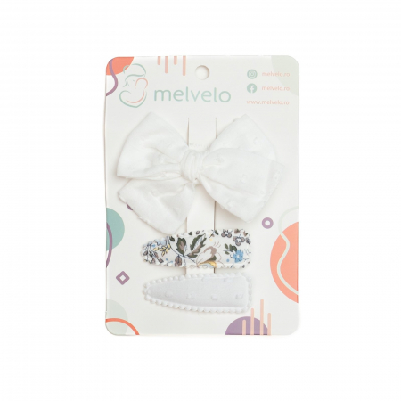 Accesorii par - Set 2 agrafe si 1 clama de par cu funda, fetite, cotton, Melvelo - White