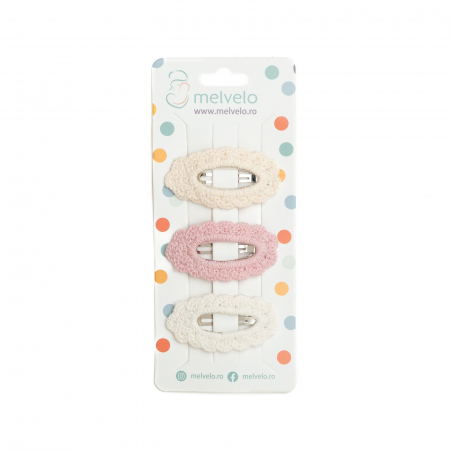 Accesorii par - Set 3 agrafe crosetate handmade, pentru par, bebe, Melvelo - Cream / Pink / White