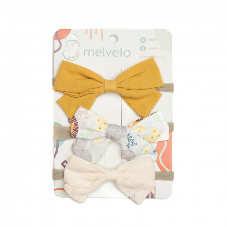 Accesorii copii - Set 3 bentite pentru bebe, cu funda, Melvelo - Mustard / Cream / White
