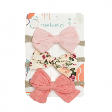 Accesorii copii - Set 3 bentite pentru bebe, cu funda, Melvelo - Pink / Cream / Orange