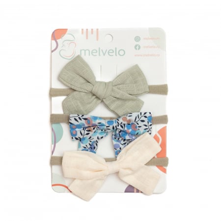 Bentite bebe - Set 3 bentite pentru bebe, cu funda, Melvelo - Sage / Cream / Blue
