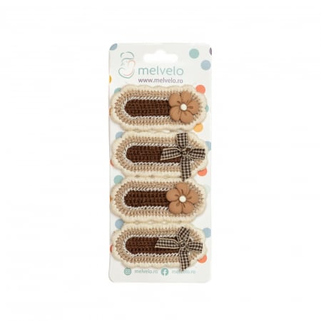 Accesorii par - Set 4 agrafe handmade, pentru par cu funda si flori, bebe, Melvelo - Caramel