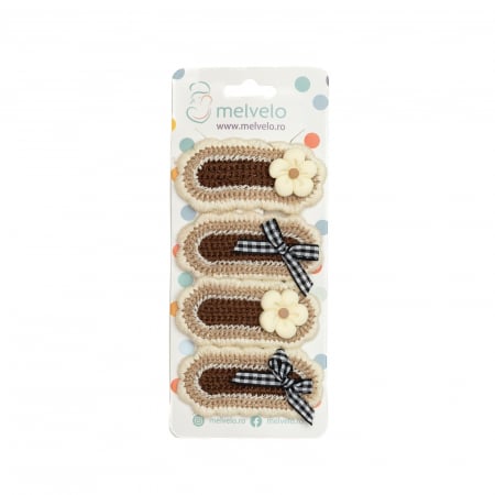 Accesorii par - Set 4 agrafe handmade, pentru par cu funda si flori, bebe, Melvelo - Cream