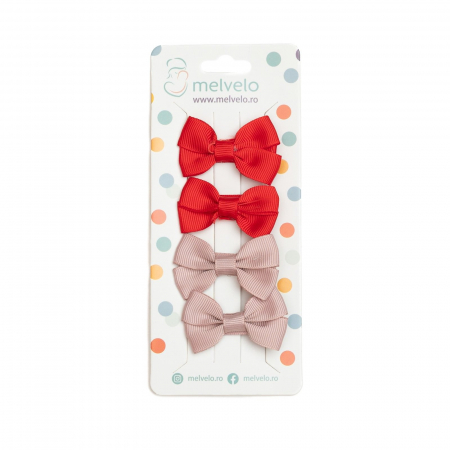 Accesorii par - Set 4 clame cu funda pentru fetite, bicolor, Melvelo - Candy Apple / Baby Pink