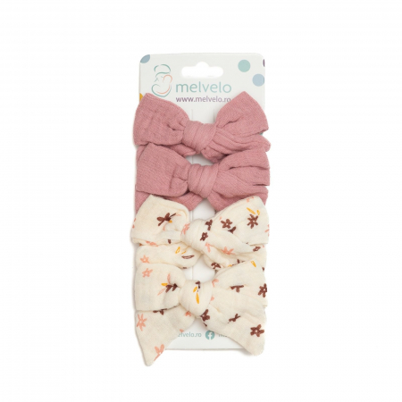 Accesorii par - Set 4 clame cu funda pentru par, fetite, bumbac, Melvelo - Blossom / Cream