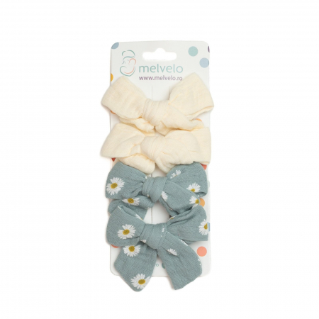 Set 4 clame cu funda pentru par, fetite, bumbac, Melvelo - Cream / Island Sea