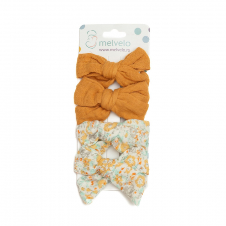 Accesorii par - Set 4 clame cu funda pentru par, fetite, bumbac, Melvelo - Honey Bee / Pistachio