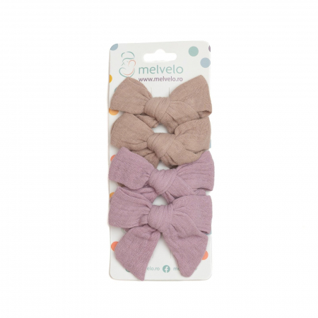 Accesorii par - Set 4 clame cu funda pentru par, fetite, bumbac, Melvelo - Lavender / Earth