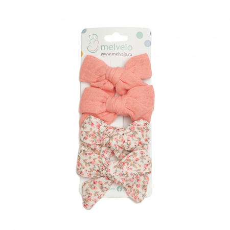 Accesorii par - Set 4 clame cu funda pentru par, fetite, bumbac, Melvelo - Papaya / Pink Flower