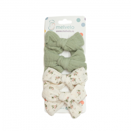 Accesorii par - Set 4 clame cu funda pentru par, fetite, bumbac, Melvelo - Sage / Cream