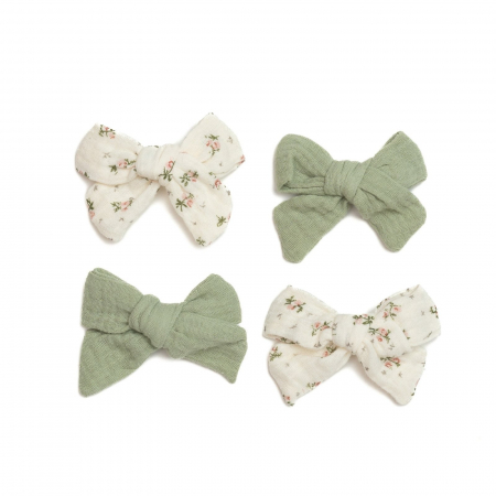 Set 4 clame cu funda pentru par, fetite, bumbac, Melvelo - Sage / Cream [1]