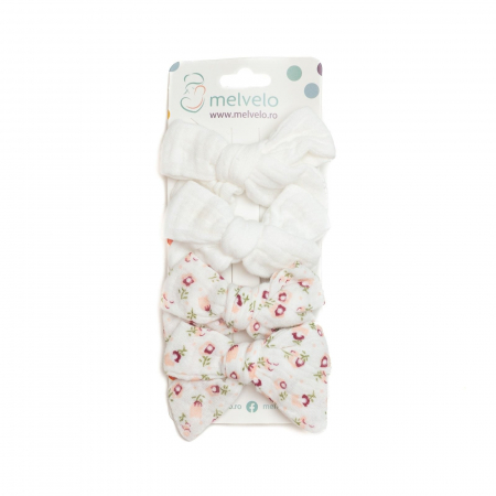 Accesorii par - Set 4 clame cu funda pentru par, fetite, bumbac, Melvelo - White / Cream Flower