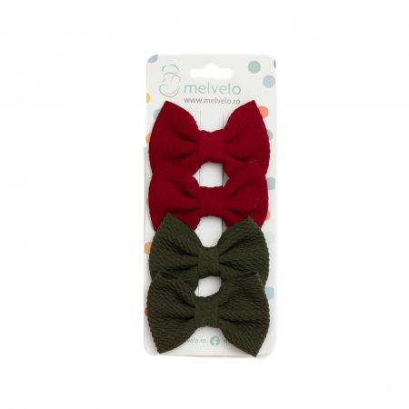 Accesorii par - Set 4 clame, tip papion pentru par, fetite, bumbac, Melvelo - Ruby / Hunter Green