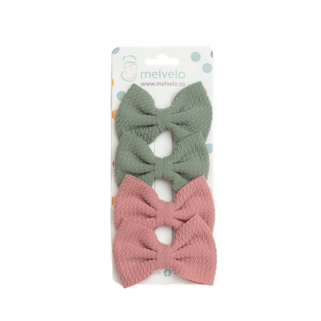 Accesorii par - Set 4 clame, tip papion pentru par, fetite, bumbac, Melvelo - Sage / Dusty Rose