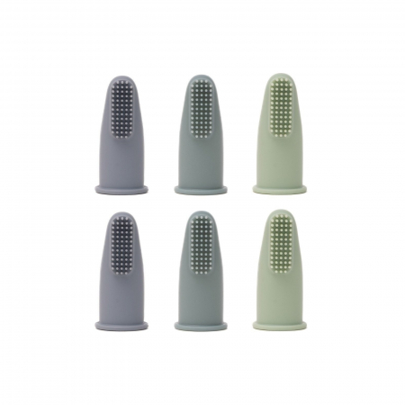 Igiena si ingrijire - Set 6 periute de dinti si gingii, tip degetar din silicon, in cutie, Melvelo - Cloud / Dark Blue / Sage