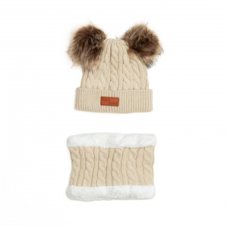 Imbracaminte si incaltaminte - Set Caciula crosetata cu doua moate detasabile si fular imblanit, copii, Melvelo - Beige