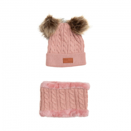 Imbracaminte si incaltaminte - Set Caciula crosetata cu doua moate detasabile si fular imblanit, copii, Melvelo - Blush