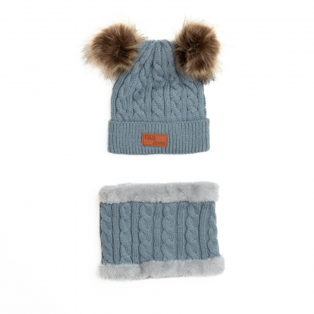 Imbracaminte si incaltaminte - Set Caciula crosetata cu doua moate detasabile si fular imblanit, copii, Melvelo - Gray