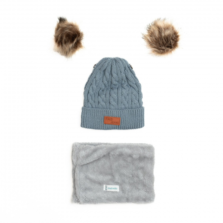 Set Caciula crosetata cu doua moate detasabile si fular imblanit, copii, Melvelo - Gray [1]