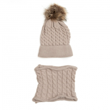 Caciulite copii si bebelusi - Set Caciula crosetata cu mot si fular, copii, Melvelo - Beige