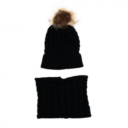 Caciulite copii si bebelusi - Set Caciula crosetata cu mot si fular, copii, Melvelo - Black