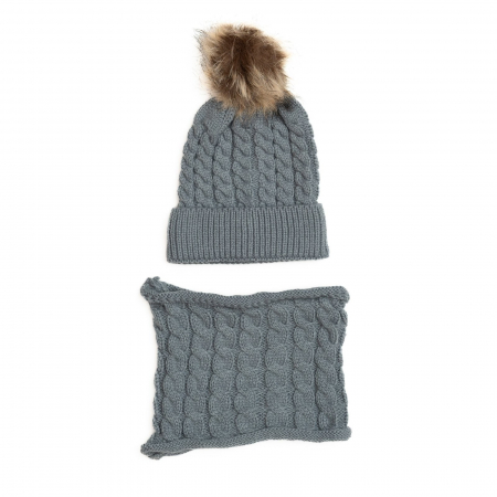 Caciulite copii si bebelusi - Set Caciula crosetata cu mot si fular, copii, Melvelo - Gray