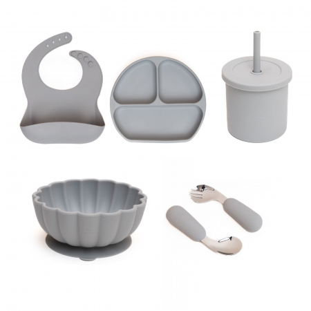 Servire masa copii - Set hranire bebe, silicon, diversificare, Farfurie plata + Bol pumpkin + Baveta + Lingurita si Furculita + Cana 2 in 1, Melvelo - Gray