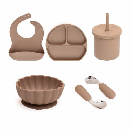 Servire masa copii - Set hranire bebe, silicon, diversificare, Farfurie plata + Bol pumpkin + Baveta + Lingurita si Furculita + Cana 2 in 1, Melvelo - Natural