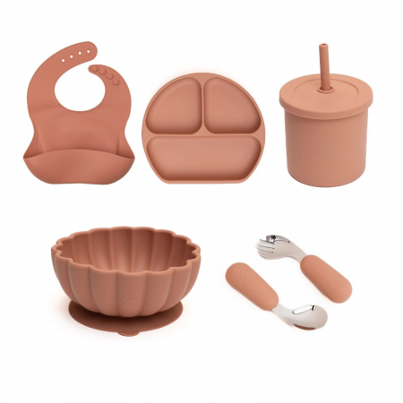 Servire masa copii - Set hranire bebe, silicon, diversificare, Farfurie plata + Bol pumpkin + Baveta + Lingurita si Furculita + Cana 2 in 1, Melvelo - Peach
