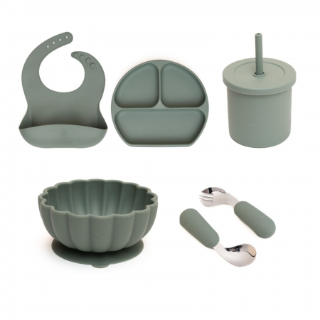 Servire masa copii - Set hranire bebe, silicon, diversificare, Farfurie plata + Bol pumpkin + Baveta + Lingurita si Furculita + Cana 2 in 1, Melvelo - Sage