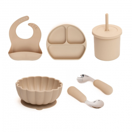 Servire masa copii - Set hranire bebe, silicon, diversificare, Farfurie plata + Bol pumpkin + Baveta + Lingurita si Furculita + Cana 2 in 1, Melvelo - Vanilla