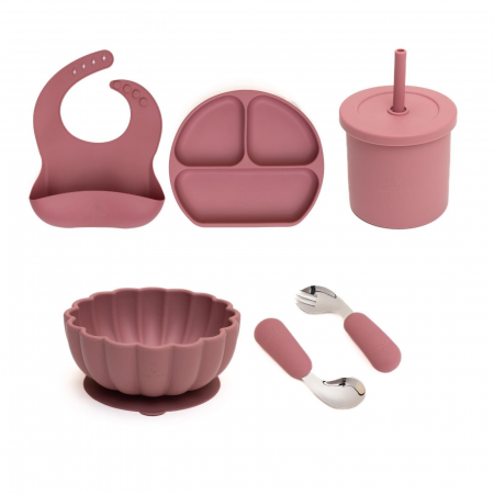 Servire masa copii - Set hranire bebe, silicon, diversificare, Farfurie plata + Bol pumpkin + Baveta + Lingurita si Furculita + Cana 2 in 1, Melvelo - Woodchuck