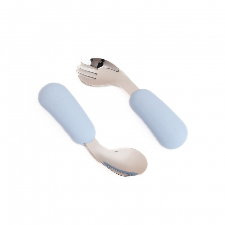 Servire masa copii - Set tacamuri antrenament Furculita + Lingurita din metal si silicon alimentar, Melvelo - Baby Blue
