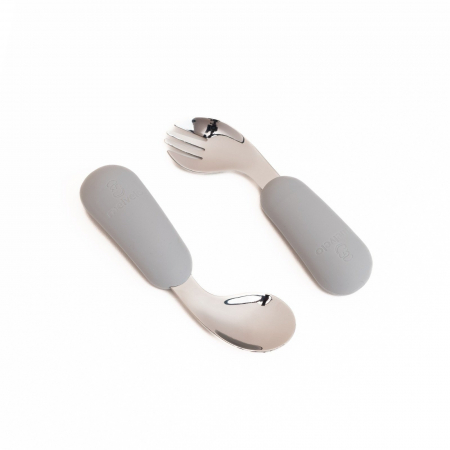 Servire masa copii - Set tacamuri antrenament Furculita + Lingurita din metal si silicon alimentar, Melvelo - Gray