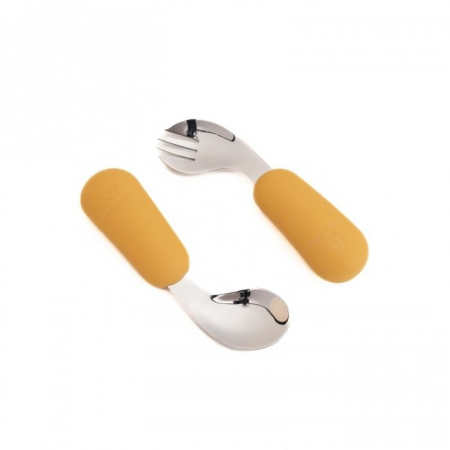 Servire masa copii - Set tacamuri antrenament Furculita + Lingurita din metal si silicon alimentar, Melvelo - Mustard