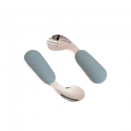 Servire masa copii - Set tacamuri antrenament Furculita + Lingurita din metal si silicon alimentar, Melvelo - Teal Blue