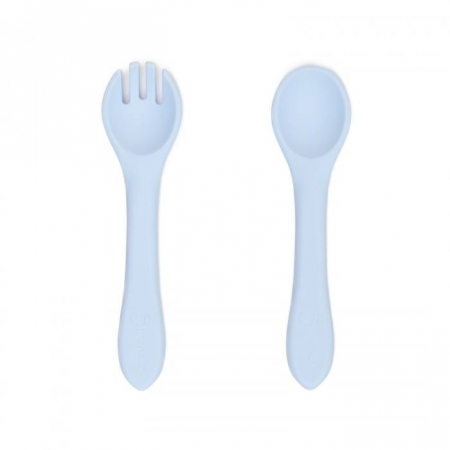 Servire masa copii - Set tacamuri Furculita + Lingurita din silicon alimentar, Melvelo - Baby Blue