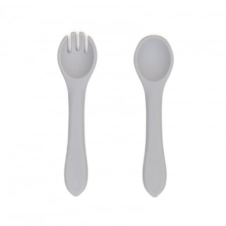 Servire masa copii - Set tacamuri Furculita + Lingurita din silicon alimentar, Melvelo - Gray