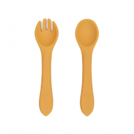 Servire masa copii - Set tacamuri Furculita + Lingurita din silicon alimentar, Melvelo - Mustard